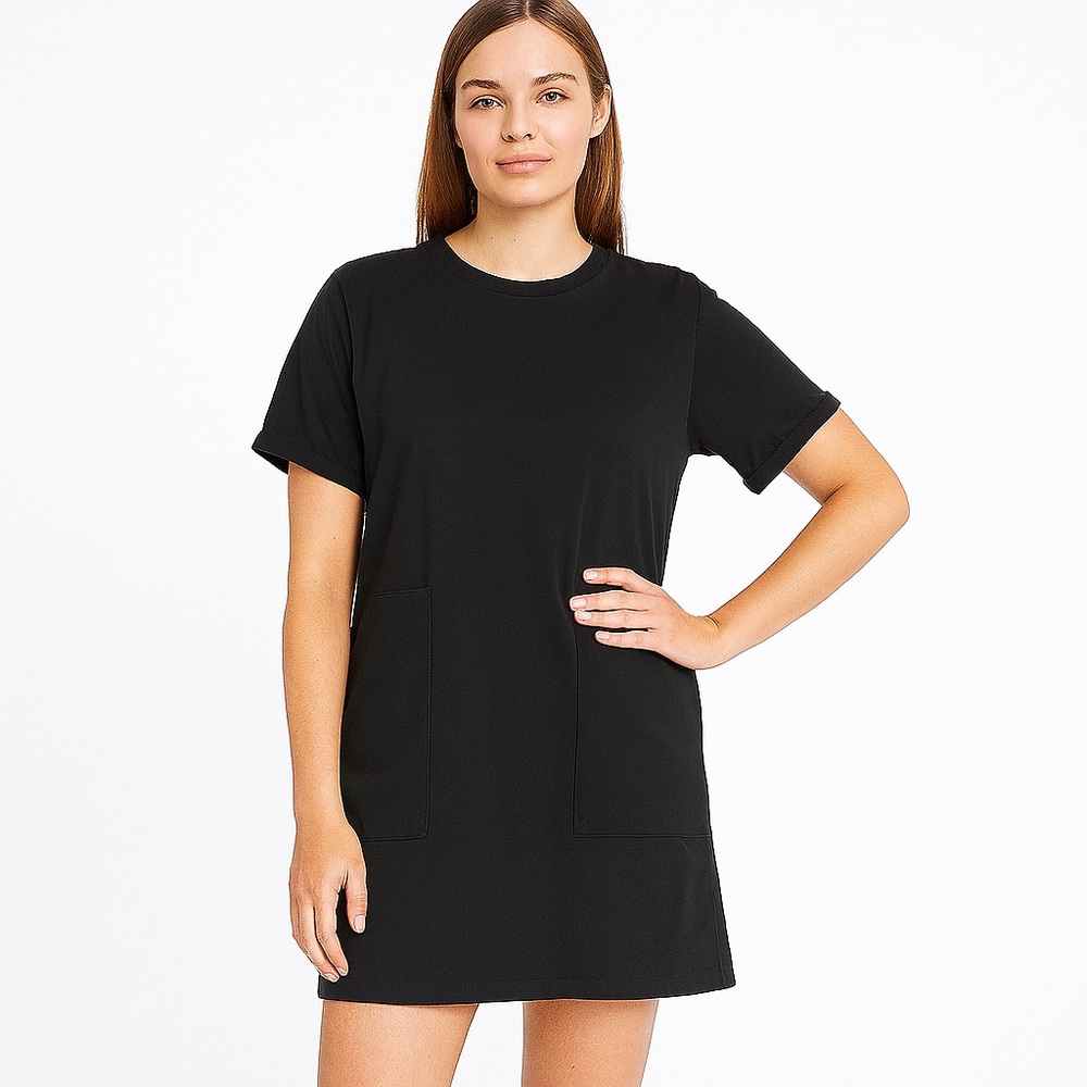ZARA Trafaluc Black Front Patch Pocket Short Sleeve Tunic Top Dress Size Small
